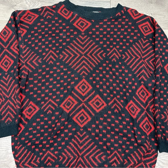 Vintage 80s Brunny Abstract Geometric Pull Over Black Red Sweater USA Made Large - Picture 5 of 9